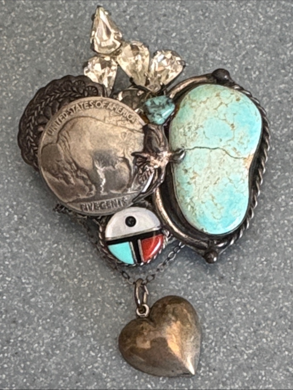 Silver-Tone Turquoise and Multi-Color Stone Heart Brooch